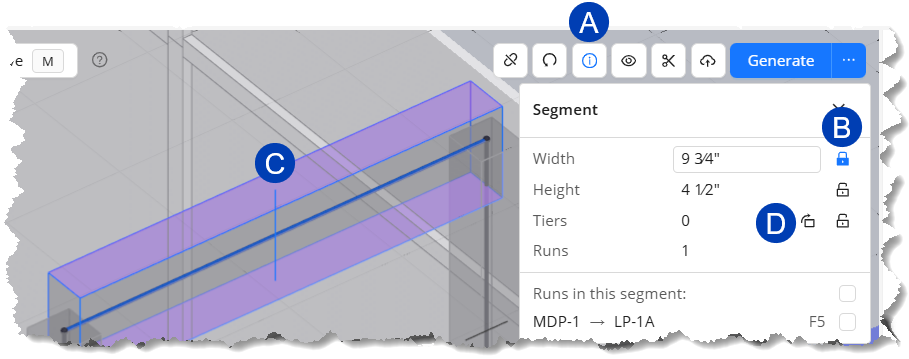 Segment dimensions displayed with width, height, and run details in a design interface.